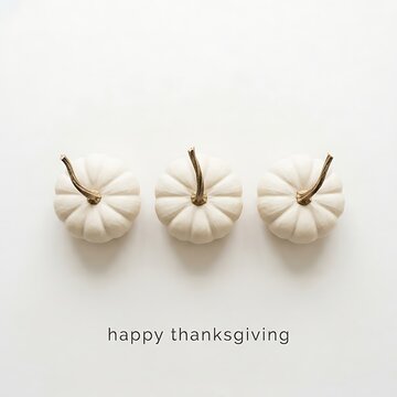 Three white pumpkins arranged on a white surface for a minimalist autumn thanksgiving composition