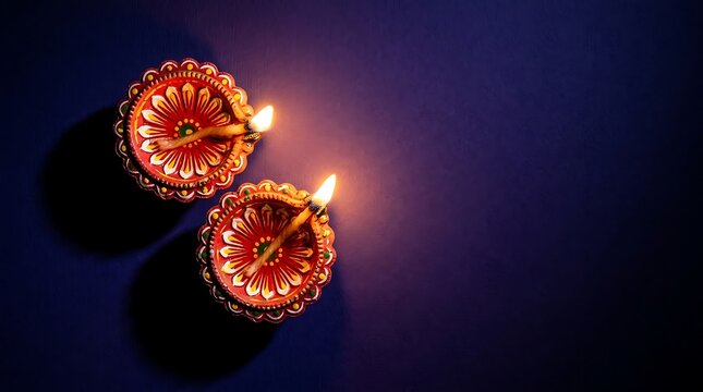 Two lit traditional clay diyas with ornate designs on a dark blue background