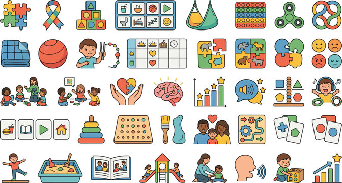 Autism awareness and neurodiversity support vector icon set featuring sensory toys therapy tools puzzles schedules and special education elements