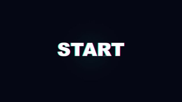 Isolated word start, glitch effect, cyberpunk style text, motion graphics element, digital retro aesthetic