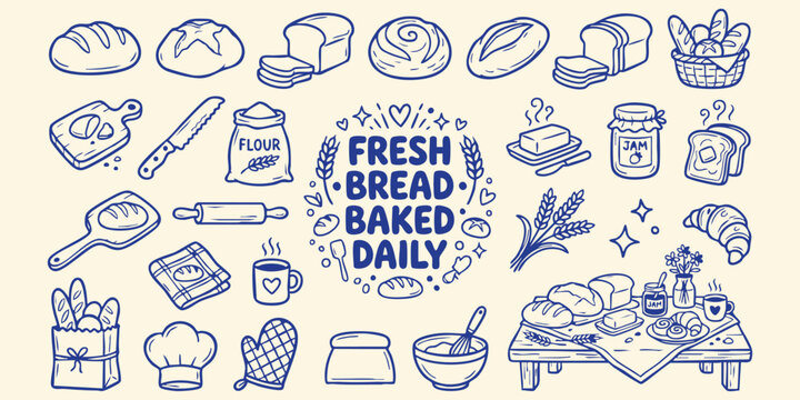 Drawn collection of bakery items and baking supplies with text fresh bread baked daily for culinary themes
