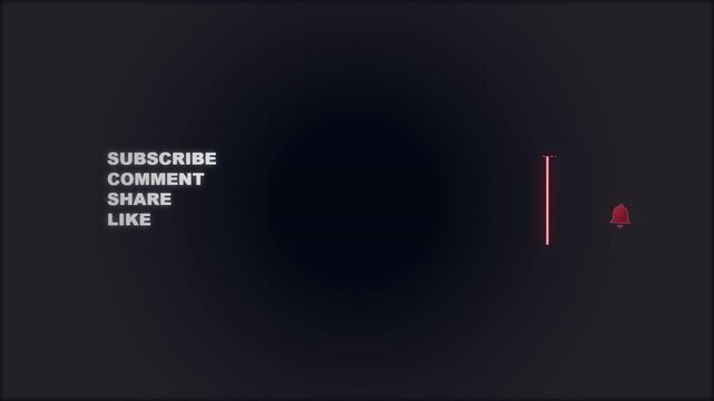Animated text subscribe comment share like with notification bell animation on dark gradient background, social media engagement