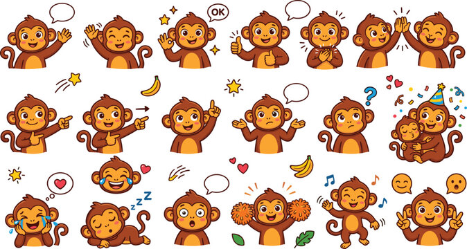 Cute monkey character emoji vector set featuring funny cartoon apes with different expressions speech bubbles and emotional gestures