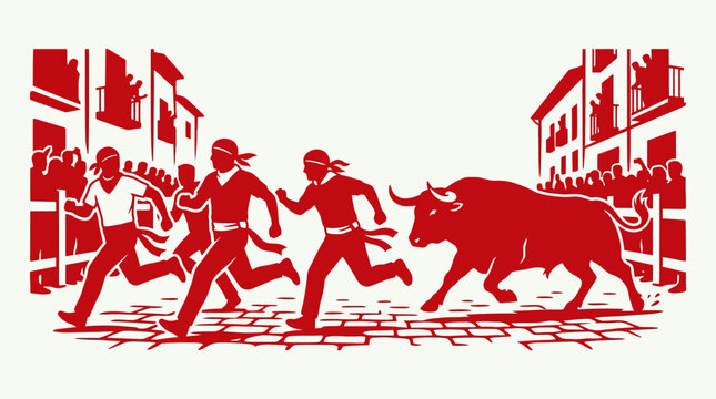 Bull Run Festival Scene with Men Running from Bull in Town Street