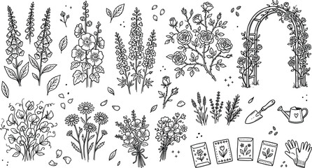English cottage garden vector set with hand drawn rose arch foxglove hollyhock sweet pea flowers and tools sketch illustration © Kulsum