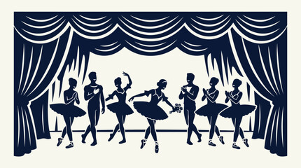 Ballet dancers perform on stage with curtains, elegant silhouettes © heri