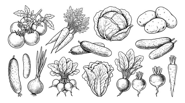 Hand Drawn Vintage Vegetable Sketch Illustration Set with Tomato Vine Carrot Cabbage Potato Cucumber Radish and Onion for Organic Food Farming Vector
