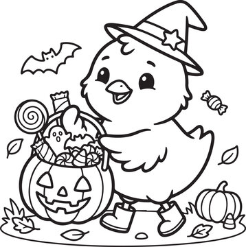 Cute chick in witch hat trick or treating. Halloween coloring page for kids with candy., Generative Ai