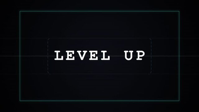 Retro computer screen displaying "level up" text with glitch effect and scan lines, indicating progress and achievement in a game
