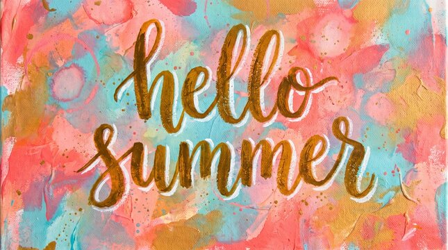 Handwritten hello summer calligraphic text in gold and white paint over colorful watercolor canvas background