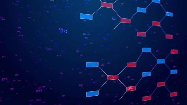 Abstract analytics connection visual colored data blocks, branching node links, and floating number particles. for business reports, science explainers, fintech promos, and digital motion graphics.