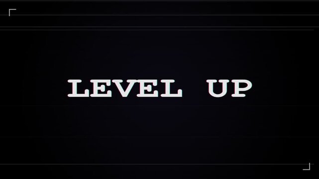 Level up text animation with glitch effect and digital noise on dark background, representing achievement and progress in games or technology