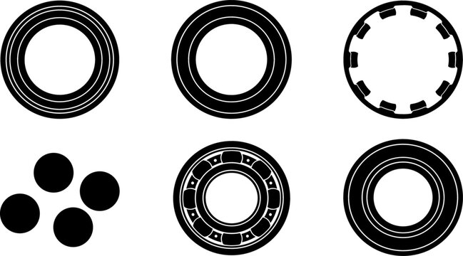 Mechanical Ball Bearing and Component Breakdown Vector Icon Set Featuring Inner Outer Rings Cage Steel Balls and Assembled Radial Bearing