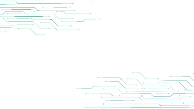 Clean technology corner pattern visual with bright white copy space, thin circuit paths, and soft green blue accents. Perfect for presentation videos, app promos, title cards, and modern overlays.