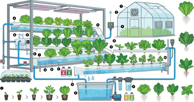 Hydroponic farming system infographic vector set with indoor greenhouse growth cycles lettuce cultivation nutrients and water pump diagram