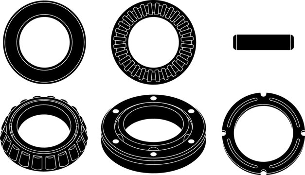 Mechanical Roller Bearings and Flanged Ring Washers Vector Silhouette Set with Tapered Race, Slotted Lock Nut, and Machine Hardware Components