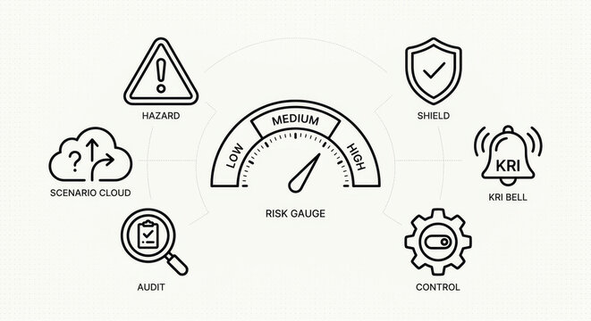 Icons show risk matrix scoring: likelihood &times; impact; inherent risk to residual risk, control effectiveness.