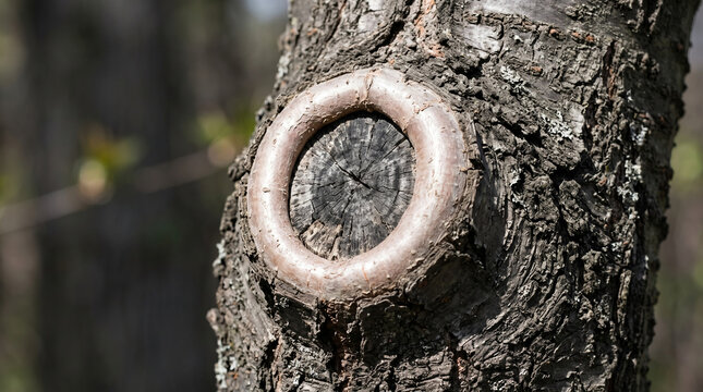 Healed pruning wound forming a protective callus ring on tree bark