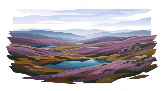 Scenic vector illustration of Scottish highlands with purple heather hills and small blue lakes under a cloudy sky
