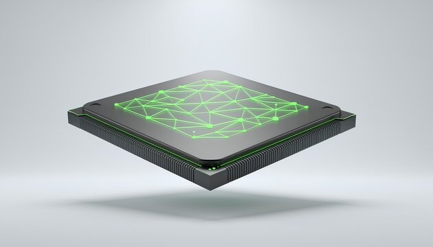 3D illustration of a premium machine learning concept featuring a sleek matte graphite microchip with a glowing neon green network pattern