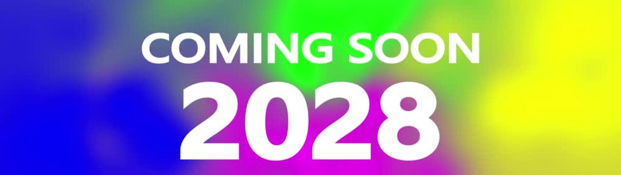 Prominent white text stating COMINGSON is displayed above the large white numerals representing the year 2028, all set against a dynamic and softly blended background of vivid purple