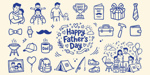 Happy Father's Day doodle collection with fathers and children celebrating with gifts and activities on a light background