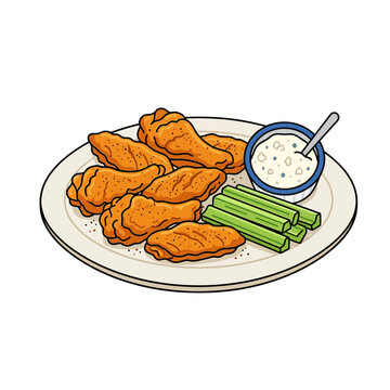 Fried Buffalo Chicken Wings with Celery and Dip Vector