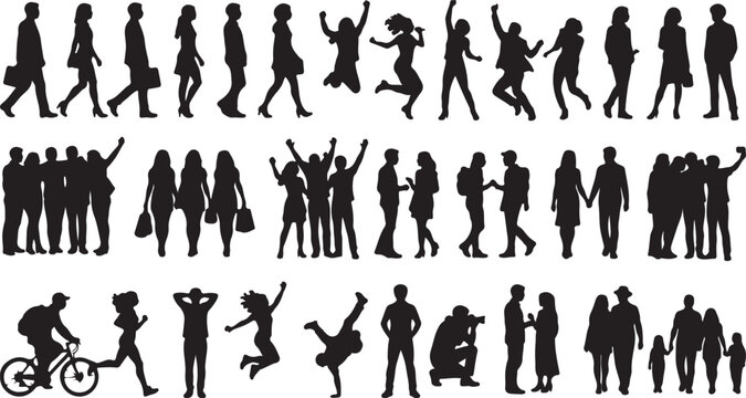 Black silhouettes of people in various daily life poses and actions
