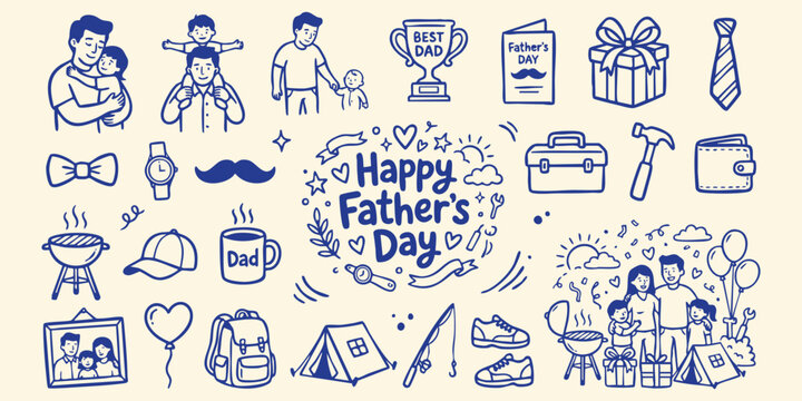 Happy Father's Day doodle collection with fathers and children celebrating with gifts and activities on a light background