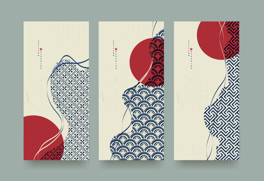 Set of Packaging templates japanese style background fabric luxury or premium products. Asian pattern art design.