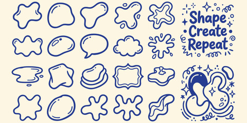 Fototapeta premium Organic blob shapes and speech bubbles with 'Shape Create Repeat' text in a playful doodle style on a cream background