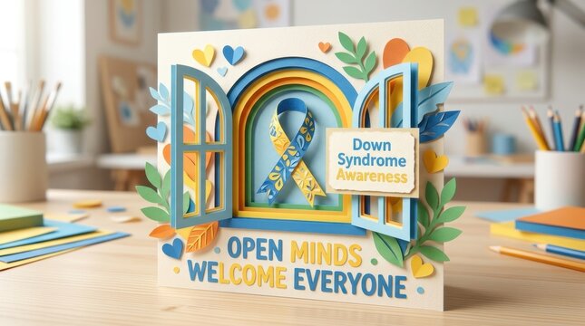 Vibrant paper craft card for Down Syndrome Awareness shows a blue and yellow ribbon through an open window on a desk, representing inclusion and global support for people with trisomy twenty one now.