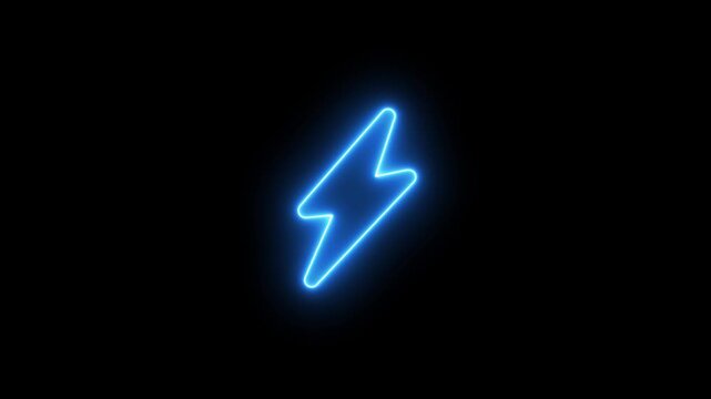 A bright electric blue neon lightning bolt symbol glows intensely against a completely black background, creating a stark contrast and a powerful visual representation of energy, electricity, or a