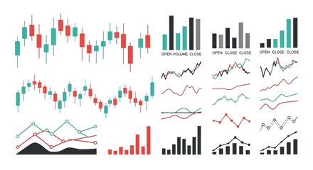 Obraz premium Financial Market Data: Candlestick Charts, Bar Graphs, Line Graphs