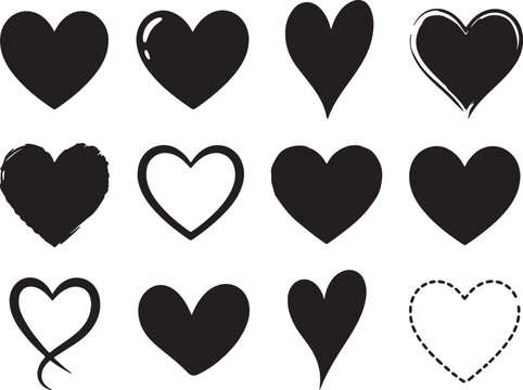 Set of various black hand drawn heart shapes on white background