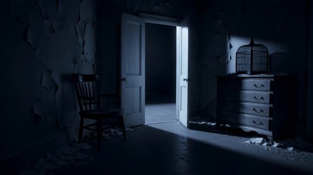 Dark abandoned room with peeling walls old chair and open door casting light on wooden dresser and birdcage