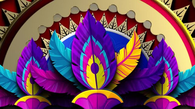 Vibrant Colorful Ornamental Feather Mandala Animation with Symmetrical Decorative Pattern in 4K