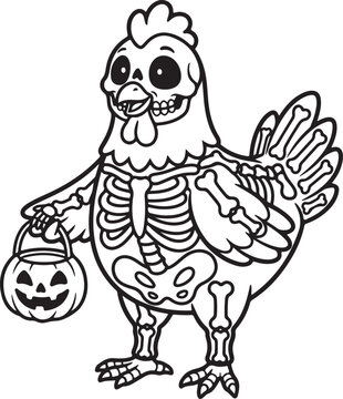 Halloween skeleton chicken illustration. Cute spooky bird holding a pumpkin candy bucket., Generative Ai