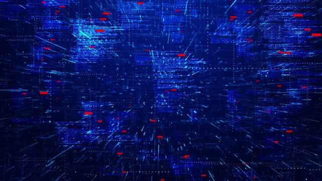 Digital data glitch corridor visual with blue programming layers, red error bars, and fast motion depth. Perfect for cyber security videos, coding promos, malware alerts, and tech transitions.