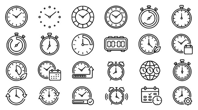 Time Management and Planning Outline Icon Set Featuring Analog Wall Clocks Digital Alarms Stopwatches Calendars Global Time Zones Eco Timers and Productivity Schedule Elements Vector Illustration