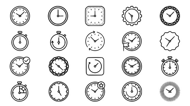 Time and Clock Outline Icon Collection Displaying Analog Clocks Wall Clocks Stopwatch Timers Countdown Reminders Circular Retro Dials and Wristwatch Face Vector Illustration