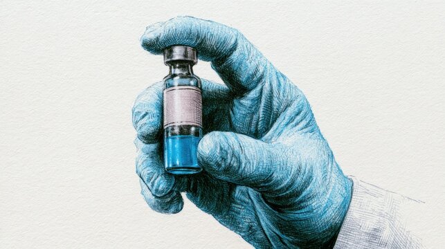 Hand in glove holding a vial with blue liquid