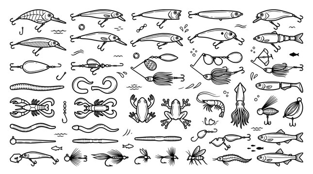 Fishing Lures and Tackle Line Art Icon Collection with Crankbait Minnow Spinnerbait Soft Plastic Worms Frog and Fly Fishin Bait Symbols Vector