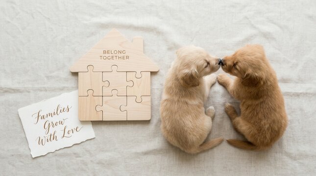 Adorable golden retriever puppies touching noses beside a wooden house puzzle and a sentimental family note on neutral linen, perfect for portraying warmth, home adoption, and unconditional love