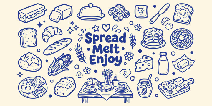 Whimsical Breakfast Spread with Doodle Illustrations of Bread Butter and Pastries