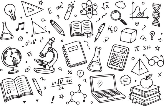Hand drawn doodle set of school science and education equipment icons