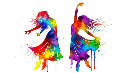 Obraz premium Watercolor dancing women silhouettes. Colorful artistic female dancers in motion.