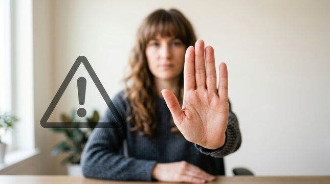 Focused woman showing a stop hand gesture with a virtual warning icon at her desk, signaling caution, refusal, or a call for attention to safety and security measures in a professional setting always.