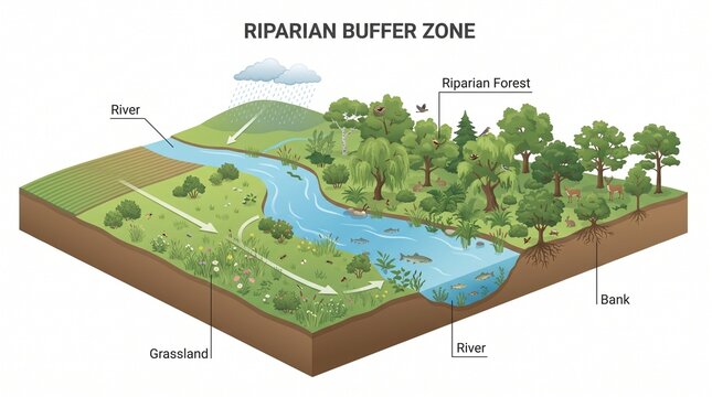 Diagram illustrating the ecological functions and vegetation zones of a riparian buffer zone near a flowing river