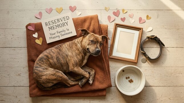 Loyal brindle dog lying on a brown blanket near a pet memorial sign with paper hearts and an empty wooden picture frame on a wooden floor, representing the emotional sadness of losing a beloved